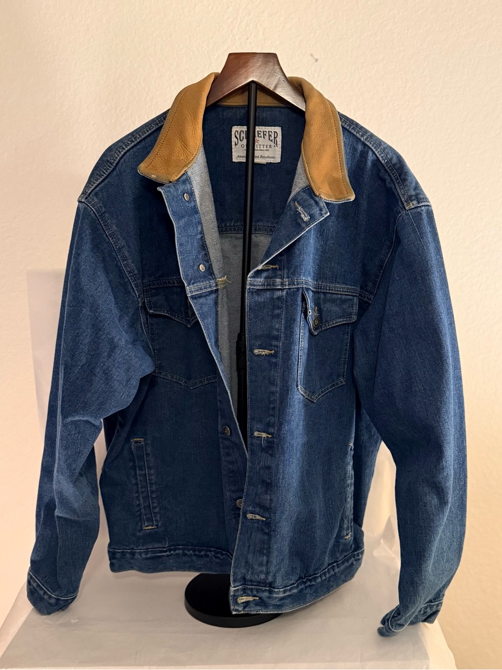 Men's Blue Denim Rancheear Jacket with Leather Collar by Schaefer Outfitter (GG)
